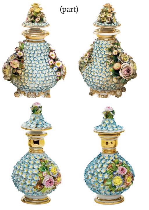 TWO PAIRS OF JACOB PETIT PORCELAIN SCHNEEBALLEN SCENT-BOTTLES AND COVERS AND A BOX AND COVER