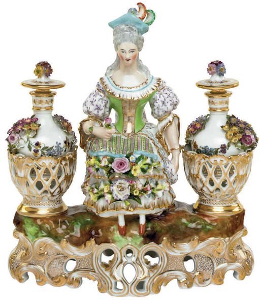 A JACOB PETIT PORCELAIN FIGURAL DOUBLE SCENT-BOTTLE STAND