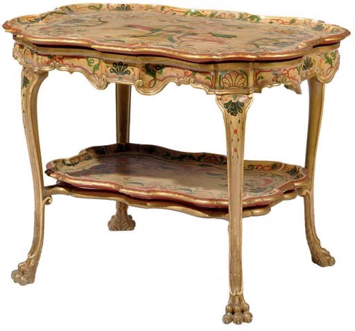 AN ITALIAN POLYCHROME AND LAQUERED TRAY ON STAND