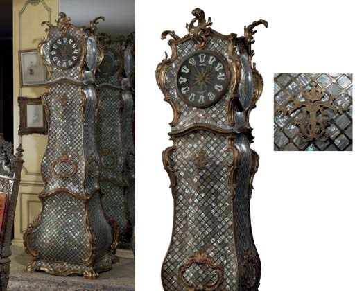 An unusual Louis XV style ormolu, cut brass and mother-of-pearl-mounted four-sided regulateur