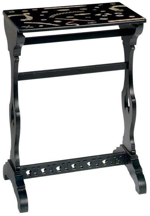 AN EBONIZED AND DECOUPAGE QUARTETTO TABLE