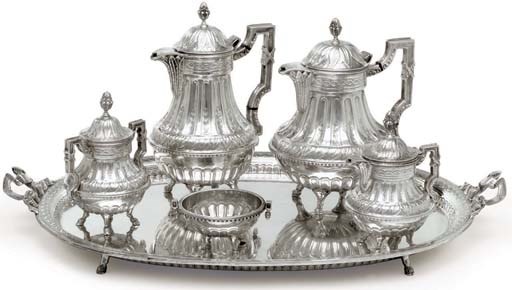 A MEXICAN SILVER FIVE-PIECE TEA AND COFFEE SERVICE WITH TRAY