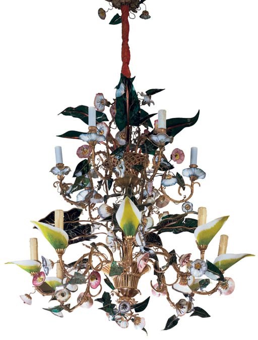 A Continental gilt-metal and colored glass fourteen-light chandelier