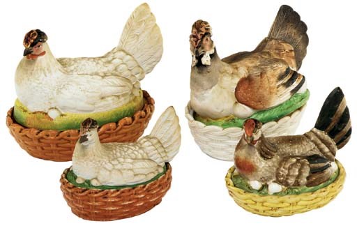 SEVEN CONTINENTAL PORCELAIN AND GLASS HEN TUREENS AND COVERS