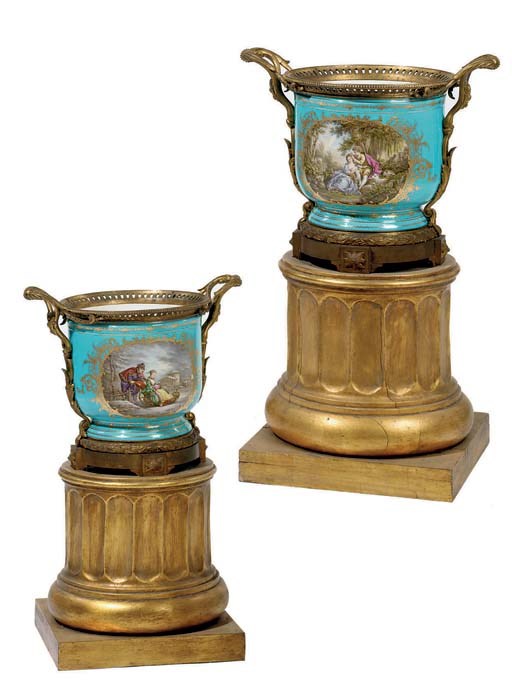 A PAIR OF ORMOLU-MOUNTED SEVRES STYLE PORCELAIN TURQUOISE-GROUND CACHE-POTS
