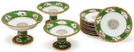 A JACOB PETIT PORCELAIN CRESTED GREEN-GROUND PART DESSERT SERVICE
