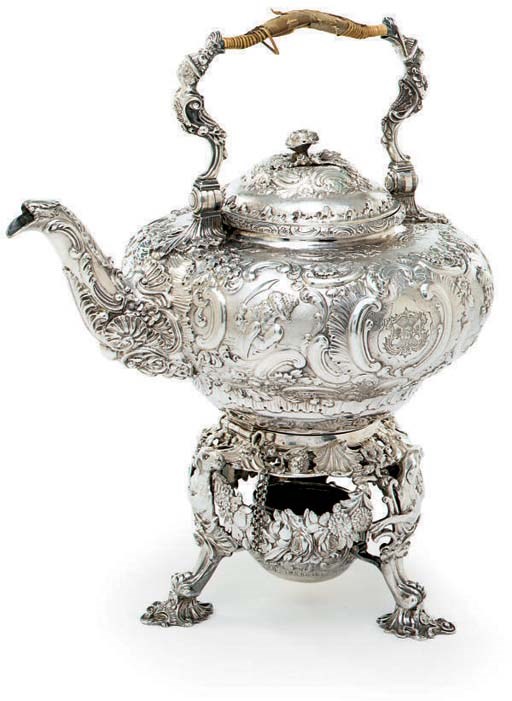 A GEORGE III SILVER HOT WATER KETTLE-ON-STAND