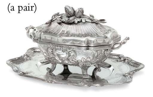 A PAIR OF MEXICAN SILVER SOUP TUREENS, COVERS AND STANDS