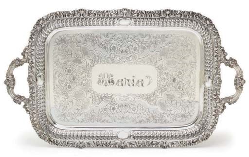 A GEORGE V SILVER TWO-HANDLED TEA TRAY