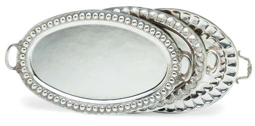 THREE SILVER TWO-HANDLED SERVING TRAYS