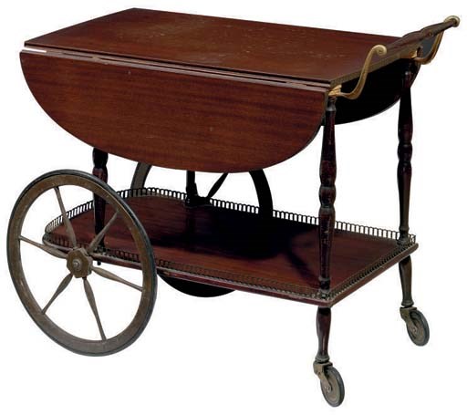 AN ENGLISH MAHOGANY BEECHWOOD AND PATINATED METAL BUTLER'S WAGON