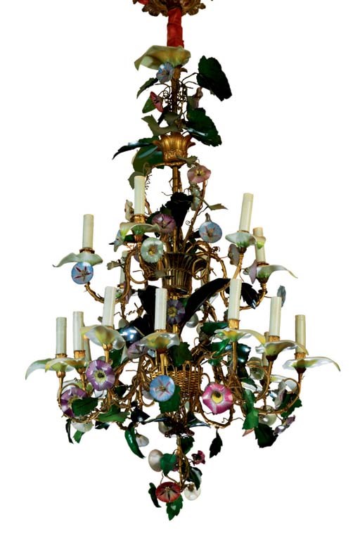A CONTINENTAL GILT-METAL AND COLORED GLASS EIGHTEEN-LIGHT CHANDELIER