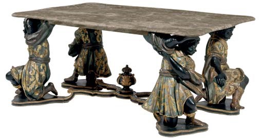 A Continental parcel-gilt, polychrome-decorated, ebonized and marble blackamoor dining-table
