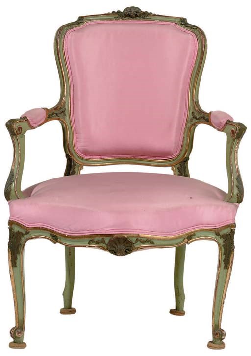 A SET OF FOUR FRENCH GREEN-PAINTED AND PARCEL-GILT FAUTEUILS