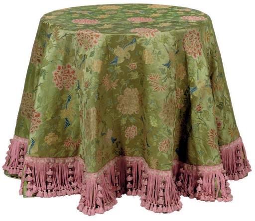 A SILK DAMASK GREEN AND POLYCHROME FLORAL CIRCULAR TABLE CLOTH