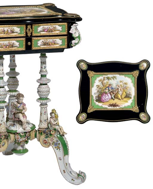 A German gilt-metal and green-ground porcelain-mounted ebonized lady's writing-table