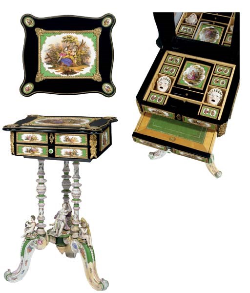 A German gilt-metal and green-ground porcelain-mounted ebonized lady's writing-table