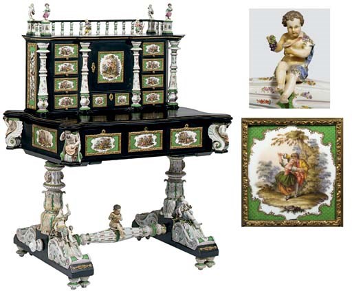 A German gilt-metal and green-ground porcelain-mounted ebonized bonheur-du-jour