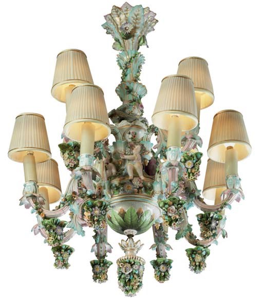 A DRESDEN PORCELAIN FLOWER-ENCRUSTED TWELVE-LIGHT CHANDELIER