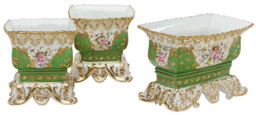 A JACOB PETIT PORCELAIN APPLE-GREEN GROUND THREE VASE GARNITURE