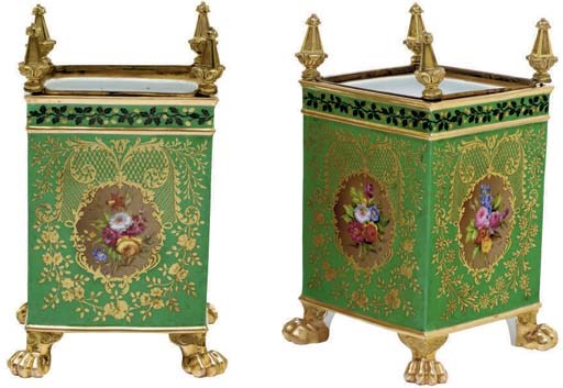 A PAIR OF PARIS (RIHOUET) PORCELAIN GILT-METAL MOUNTED GREEN-GROUND ORANGE-TUBS