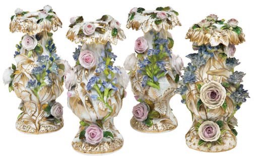 FOUR JACOB PETIT PORCELAIN FLOWER-ENCRUSTED VASES