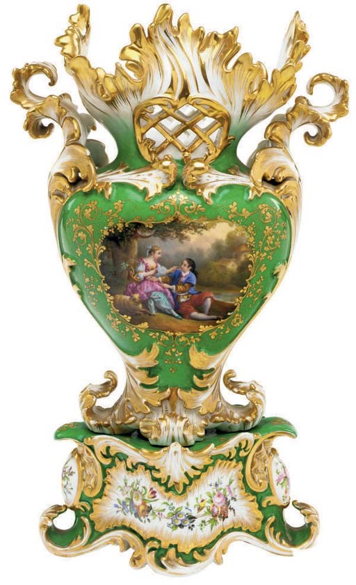 A JACOB PETIT PORCELAIN NEO-ROCOCO RETICULATED GREEN-GROUND VASE ON FIXED STAND