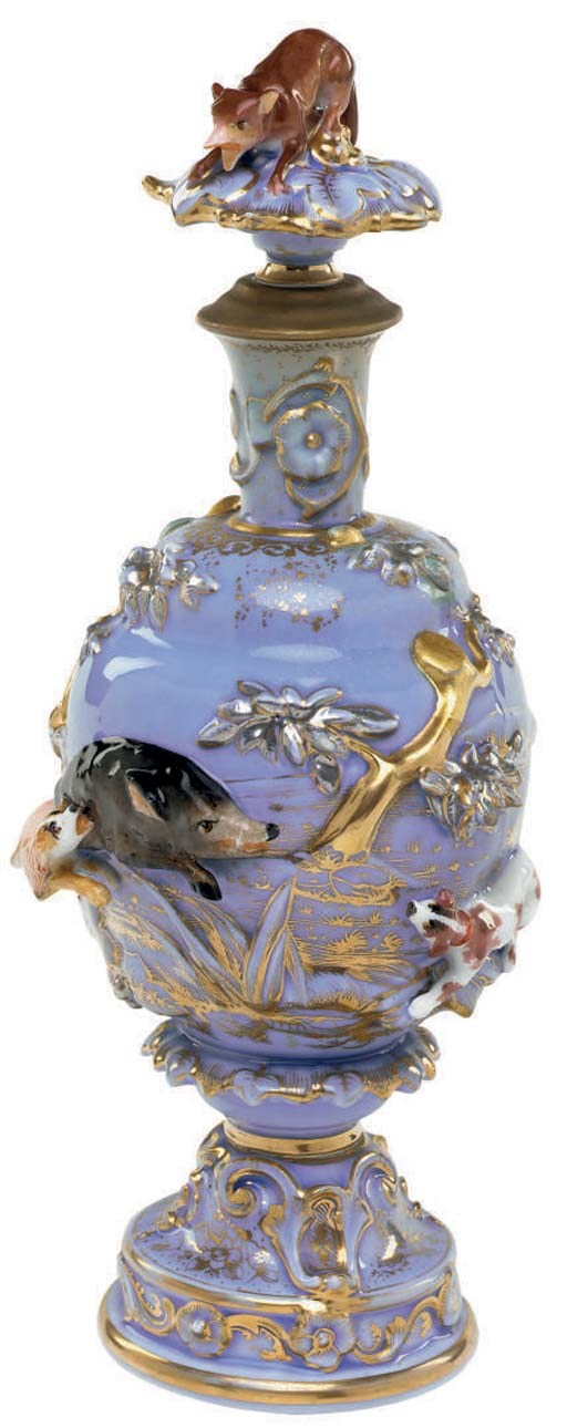 A JACOB PETIT STYLE PORCELAIN SLATE-BLUE-GROUND SCENT BOTTLE AND STOPPER