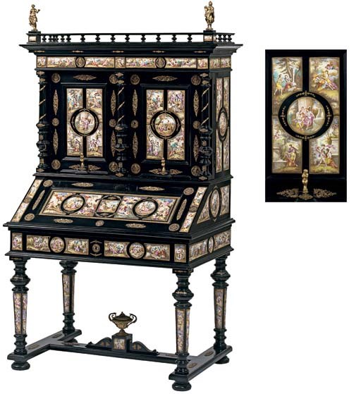 A Viennese gilt-metal and enamel-mounted ebonized secretaire-cabinet