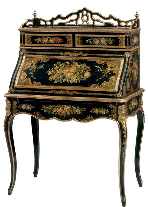A NAPOLEON III PARCEL-GILT, POLYCHROME-DECORATED AND MOTHER-OF-PEARL INLAID SECRETAIRE