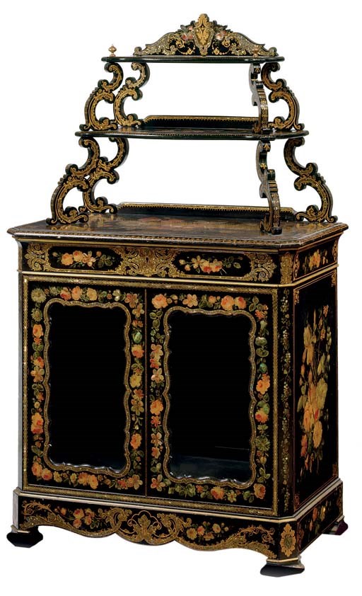 A NAPOLEON III PARCEL-GILT, POLYCHROME-DECORATED AND MOTHER-OF-PEARL INLAID EBONIZED ETAGERE-ON-CABINET