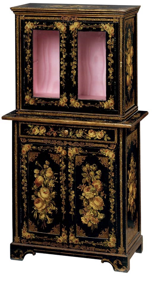 A FRENCH POLYCHROME-PAINTED BLACK LACQUER CABINET ON STAND