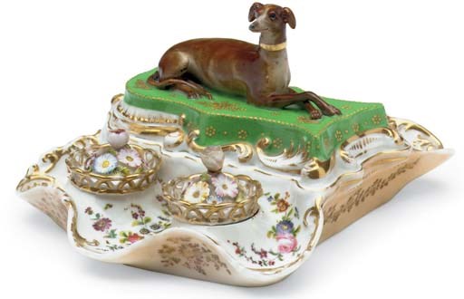 A JACOB PETIT PORCELAIN GREEN AND APRICOT GROUND ENCRIER