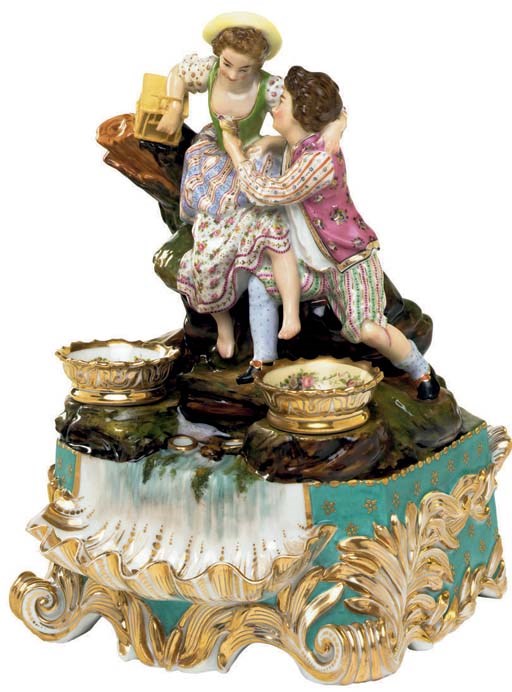A JACOB PETIT PORCELAIN FIGURAL GREEN-GROUND INKSTAND
