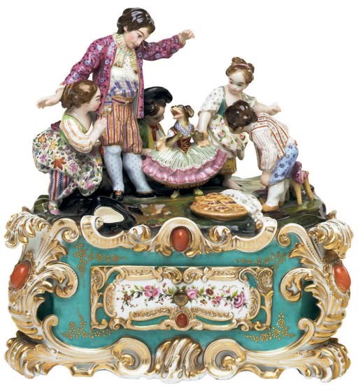 A JACOB PETIT PORCELAIN FIGURAL TURQUOISE-GROUND MUSIC BOX