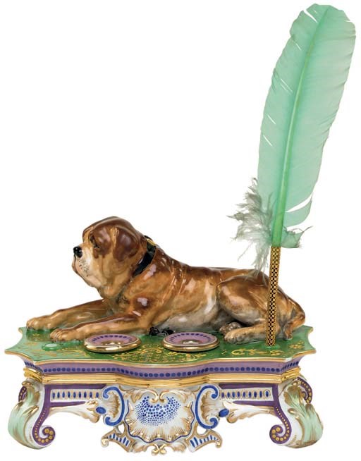 A JACOB PEITIT PORCELAIN GREEN AND LAVENDER-GROUND ENCRIER