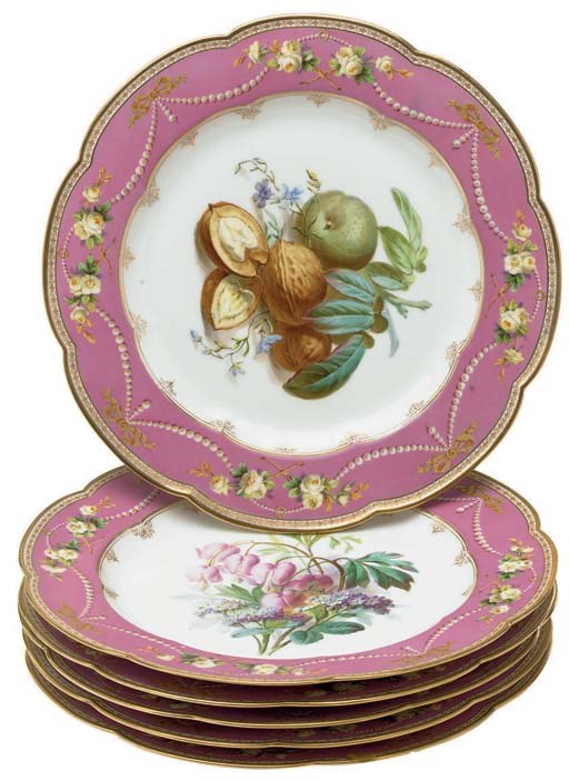 SIX SEVRES STYLE PORCELAIN PINK-GROUND DESSERT PLATES