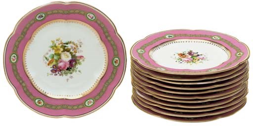 TWELVE COPELAND PORCELAIN PINK-GROUND DESSERT PLATES
