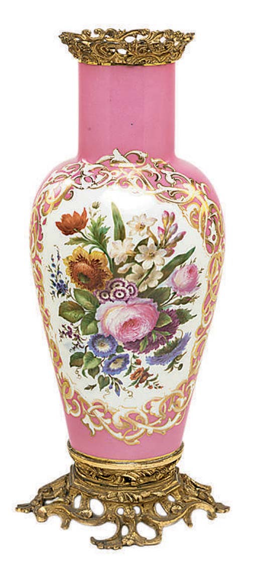 A SEVRES STYLE PORCELAIN ORMOLU-MOUNTED PINK GROUND VASE