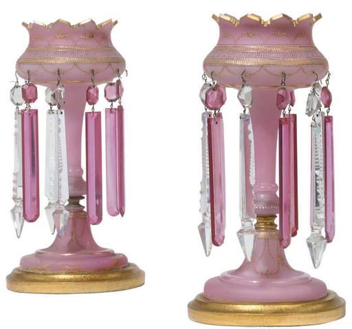 A PAIR OF CONTINENTAL MATTE PINK OPAQUE GLASS LUSTRES