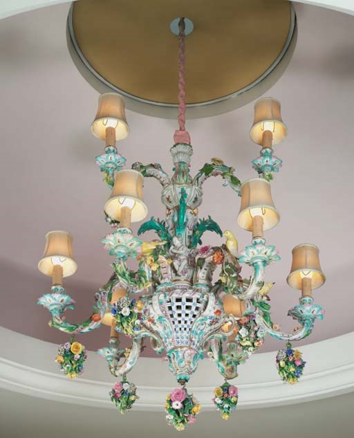 A MEISSEN PORCELAIN FLOWER-ENCRUSTED NINE-LIGHT CHANDELIER