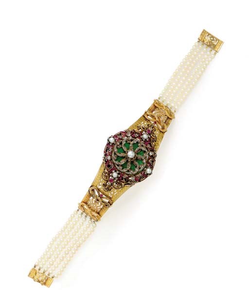 AN ANTIQUE PEARL, RUBY, ENAMEL AND DIAMOND CHOKER