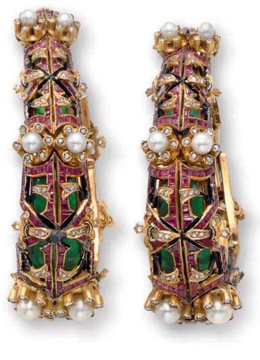 A PAIR OF MULTI-GEM AND CULTURED PEARL EAR CLIPS