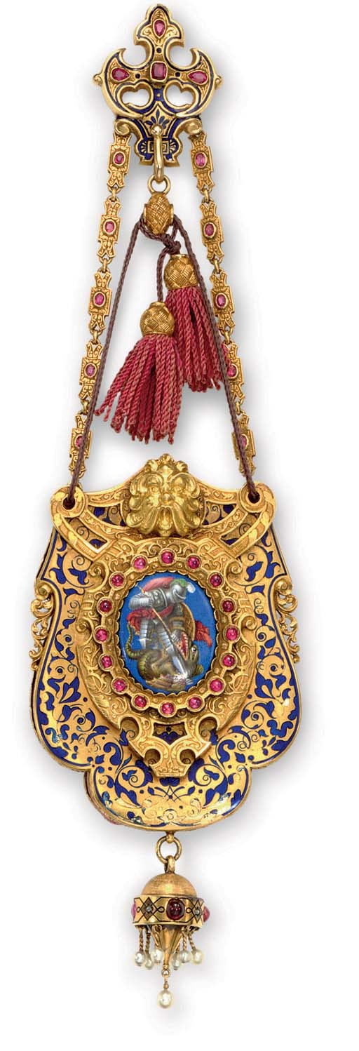 AN ANTIQUE GOLD, RUBY, ENAMEL AND PEARL COIN PURSE