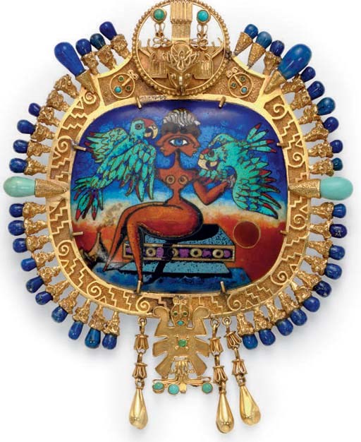 A LAPIS LAZULI, ENAMEL, TURQUOISE AND GOLD PENDANT