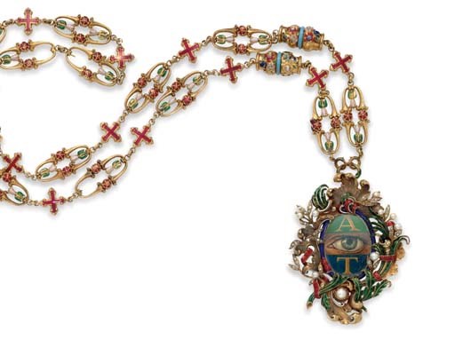 AN ENAMEL, CULTURED PEARL AND DIAMOND PENDANT NECKLACE