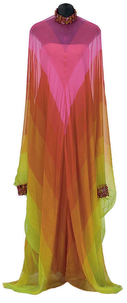 A CHRISTIAN DIOR RAINBOW CHIFFON AND BEADED EVENING GOWN