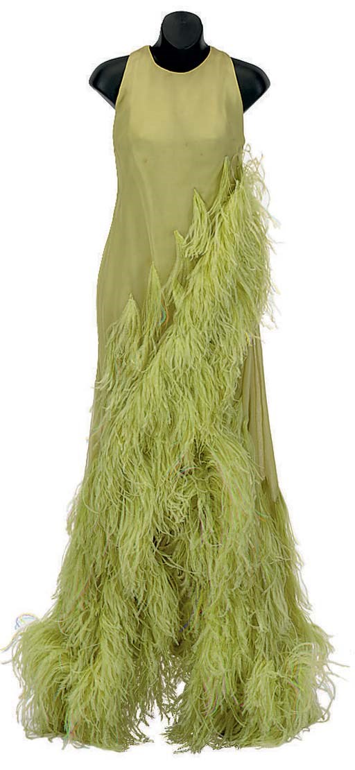 A CHRISTIAN DIOR CELADON CHIFFON SLEEVELESS EVENING GOWN WITH OSTRICH FEATHERS