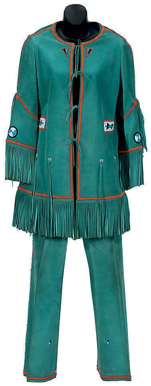 A FERAUD TURQUOISE BLUE SUEDE AND BEADED TWO-PIECE ENSEMBLE