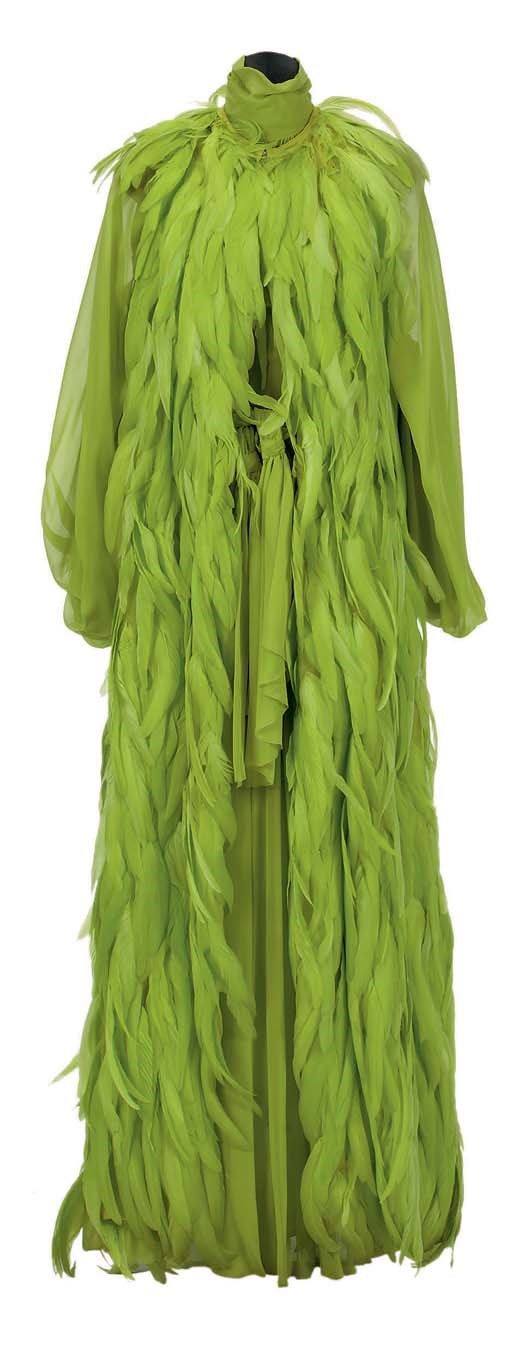 A CHRISTIAN DIOR CHARTREUSE CHIFFON AND TURKEY FEATHER THREE-PIECE EVENING ENSEMBLE